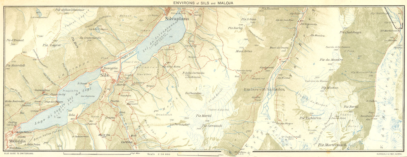 SWITZERLAND. Area of Sils & Maloja 1923 old antique vintage map plan chart